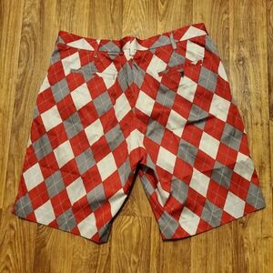 Loudmouth Golf Shorts Men 42 Red Grey Argyle Flat Front Cotton Lycra Stretch